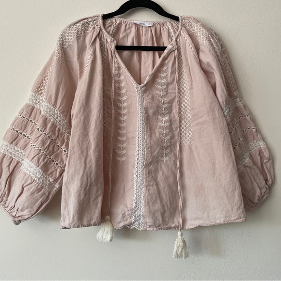 Mango Embroidered Linen Cotton Blouse Balloon Sleeve washed pink sz med/6 - Picture 6 of 13